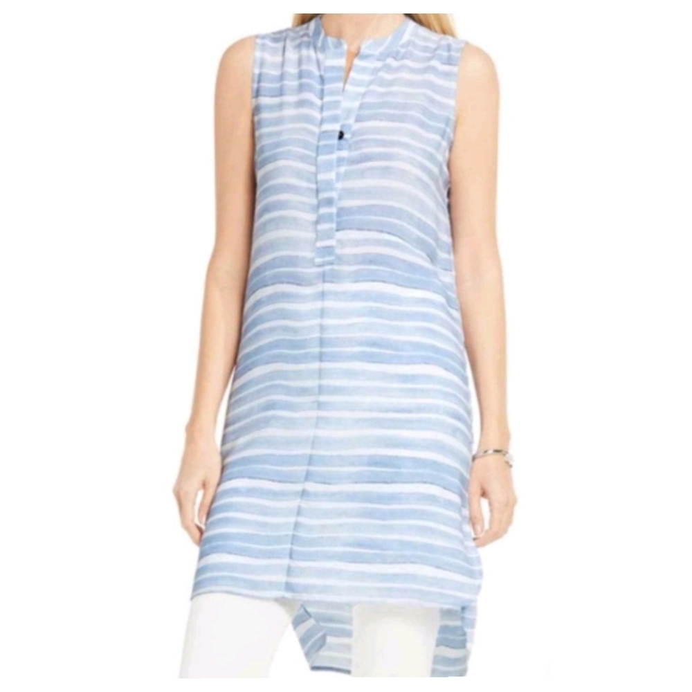 VINCE CAMUTO Blue Striped Mock Neck Sleeveless Tunic Medium C2159